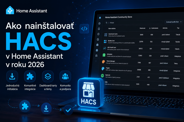 HACS (Home Assistant Community Store) používaný na inštaláciu komunitných integrácií, dashboard kariet a tém v Home Assistant.