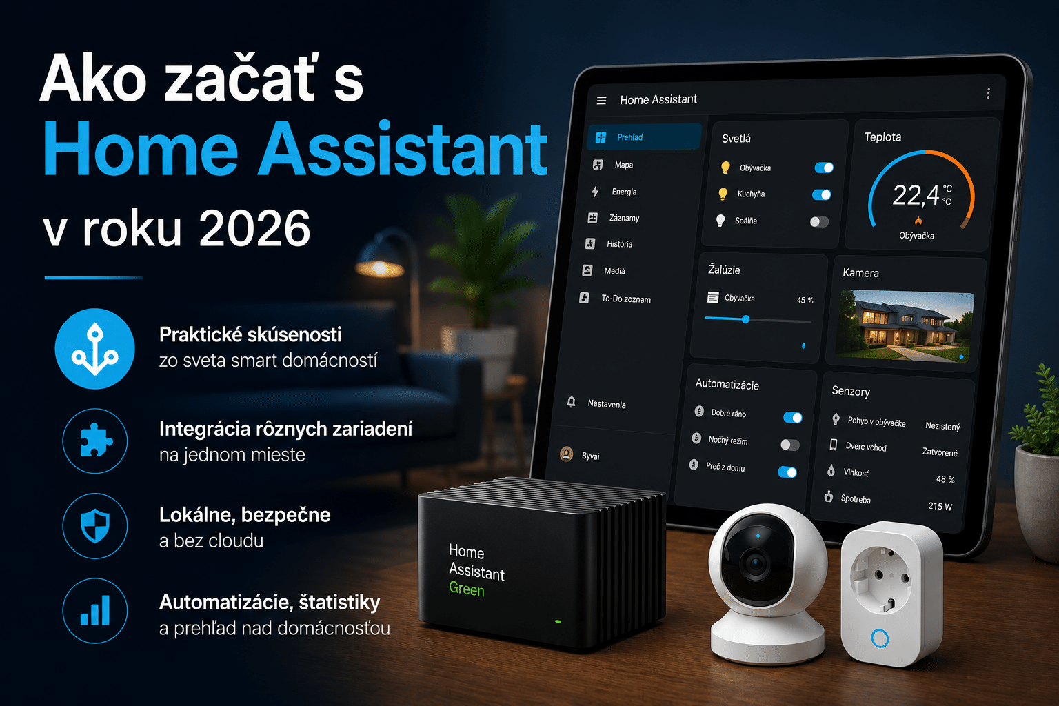 Ilustračný obrázok k článku Ako začať s Home Assistant v roku 2026 zobrazujúci Home Assistant Green, dashboard inteligentnej domácnosti a smart zariadenia.