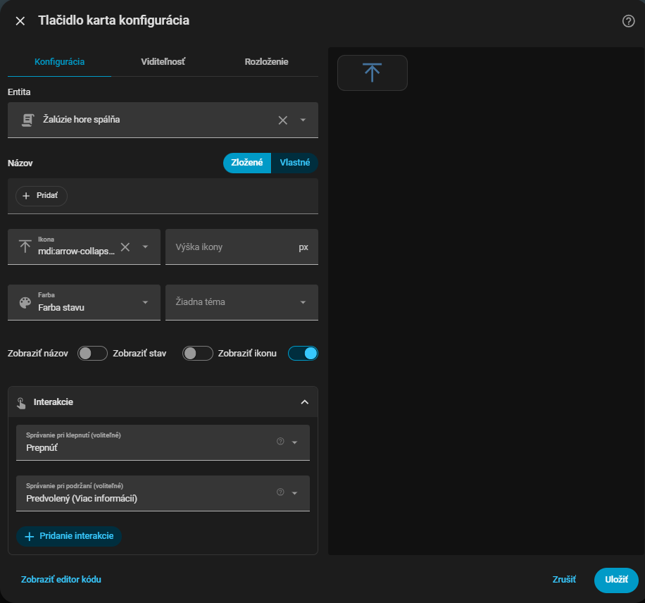 Konfigurácia tlačidla na dashboarde Home Assistanta pre ovládanie žalúzií pomocou skriptu Broadlink RM4 Pro.