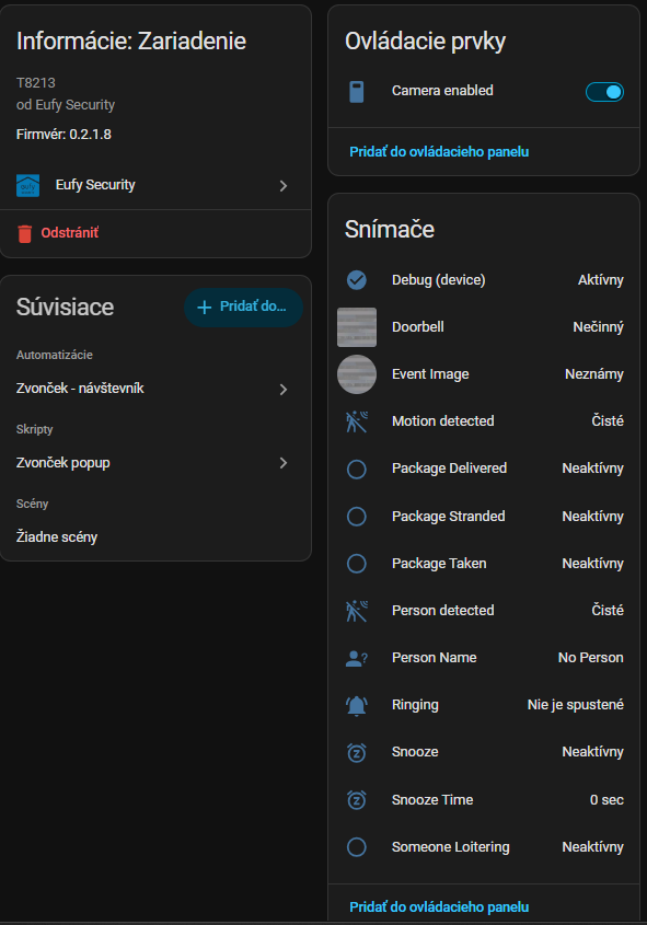Zariadenie Eufy Video Doorbell úspešne pridané do Home Assistant s dostupnými senzormi a ovládacími prvkami.