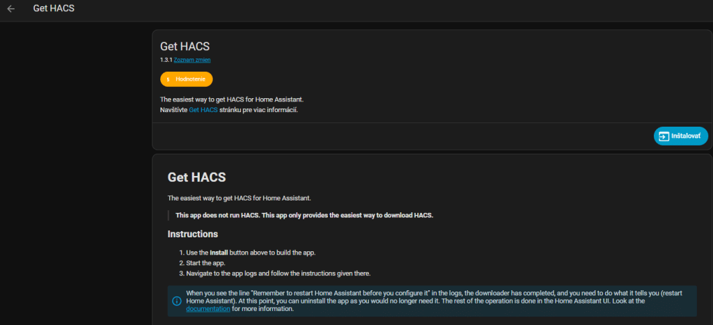 Inštalácia aplikácie Get HACS v Home Assistant potrebnej na stiahnutie HACS Community Store.