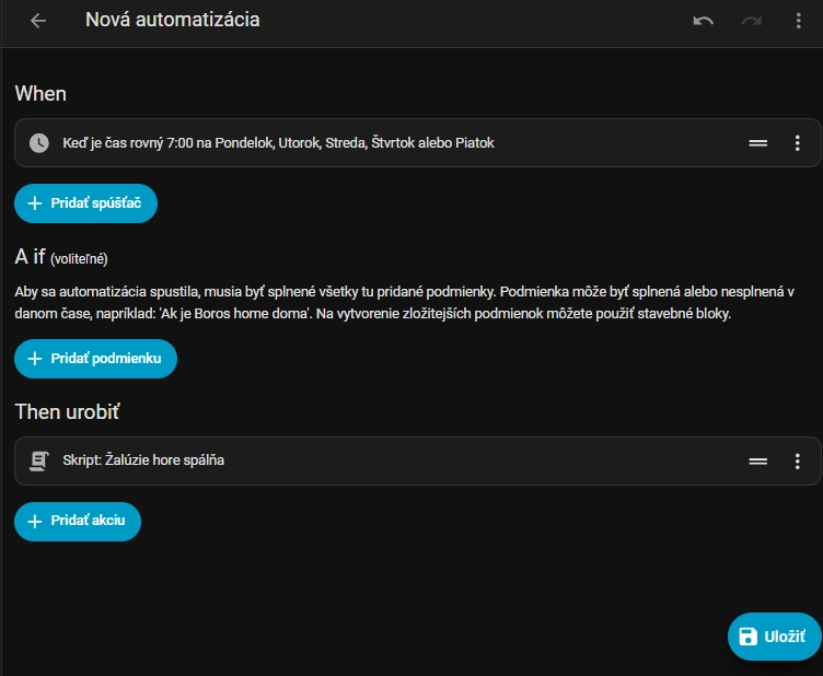 Vytvorenie automatizácie v Home Assistante na otvorenie žalúzií v nastavenom čase pomocou skriptu.