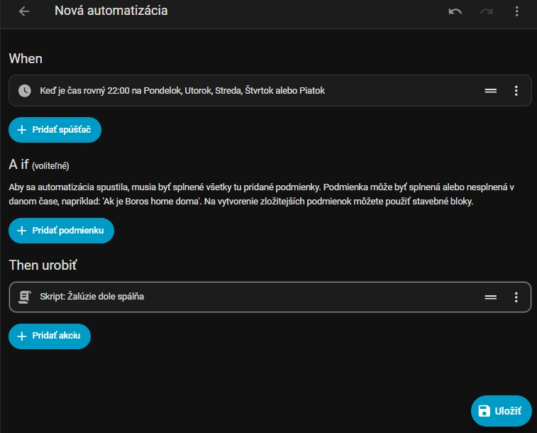 Automatizácia zatvorenia žalúzií v Home Assistante podľa nastaveného času pomocou skriptu.