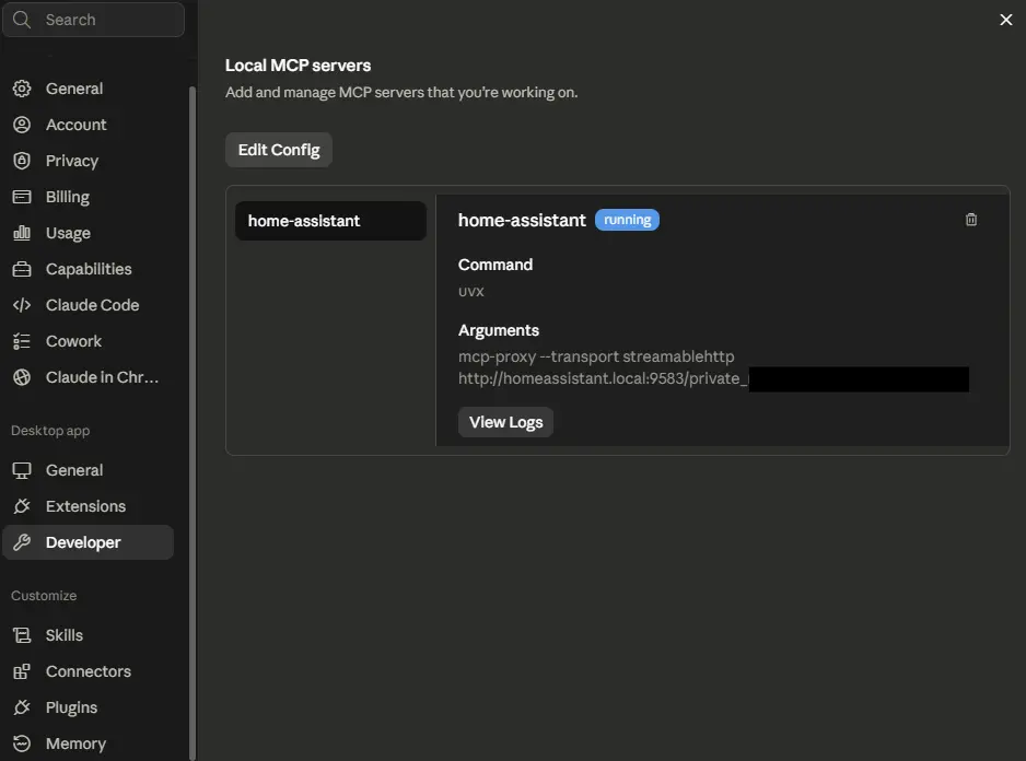 Konfigurácia Claude Desktop pomocou súboru claude_desktop_config.json pre pripojenie k Home Assistant MCP Serveru.