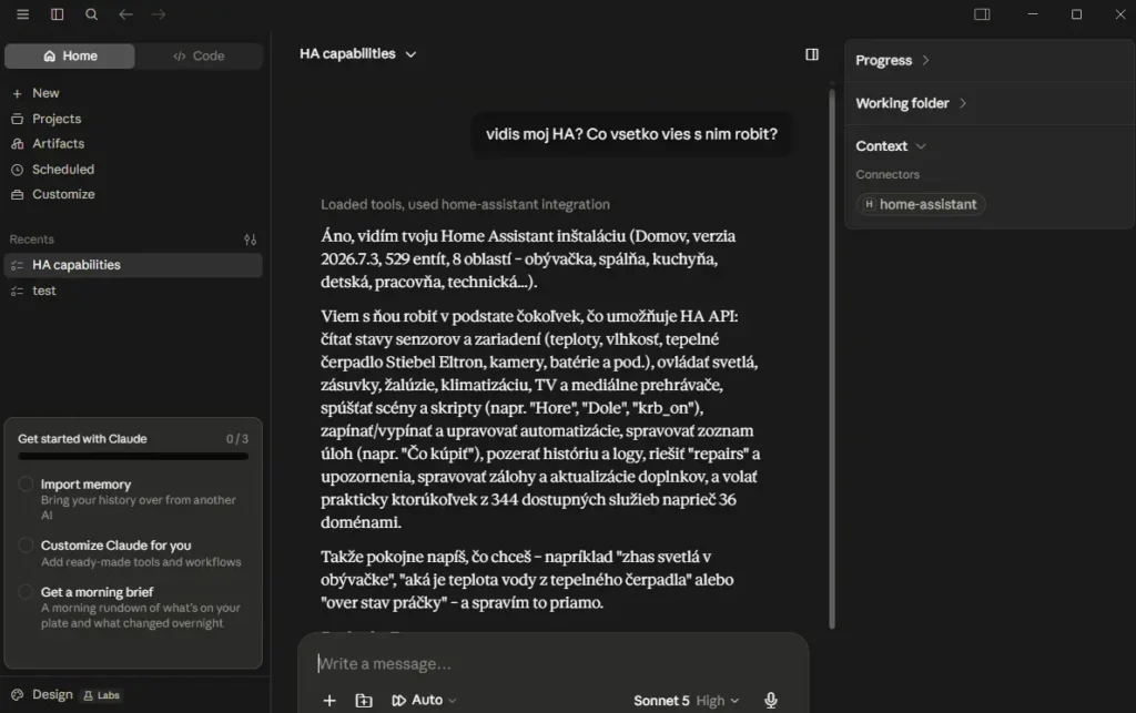 Claude Desktop úspešne pripojený k Home Assistantu cez MCP Server.