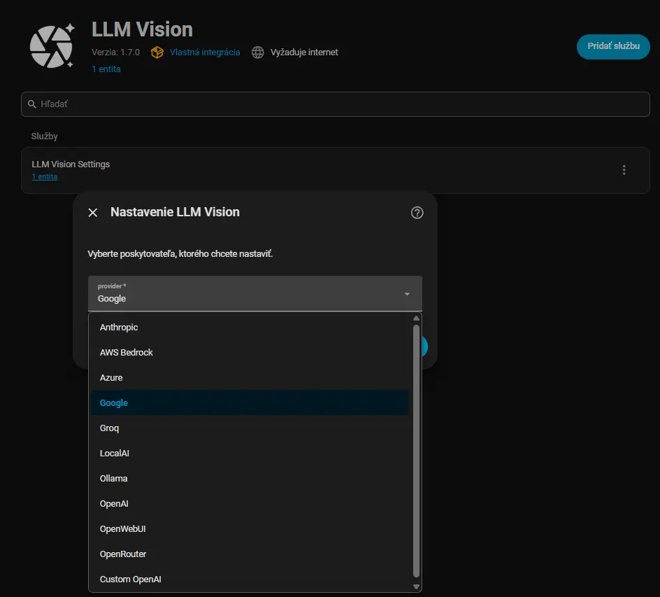 Výber AI poskytovateľa Google Gemini v integrácii LLM Vision