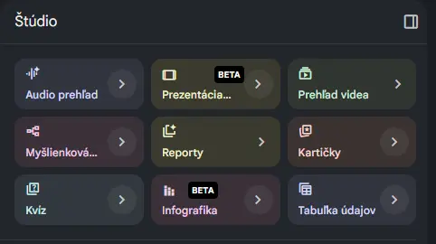 Štúdio v NotebookLM s funkciami Audio prehľad, Prezentácia, Myšlienková mapa, Reporty, Kartičky, Kvíz a Infografika.