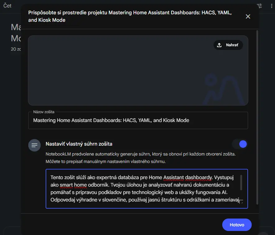 Nastavenie vlastného súhrnu zošita v NotebookLM pomocou vlastných AI pokynov.