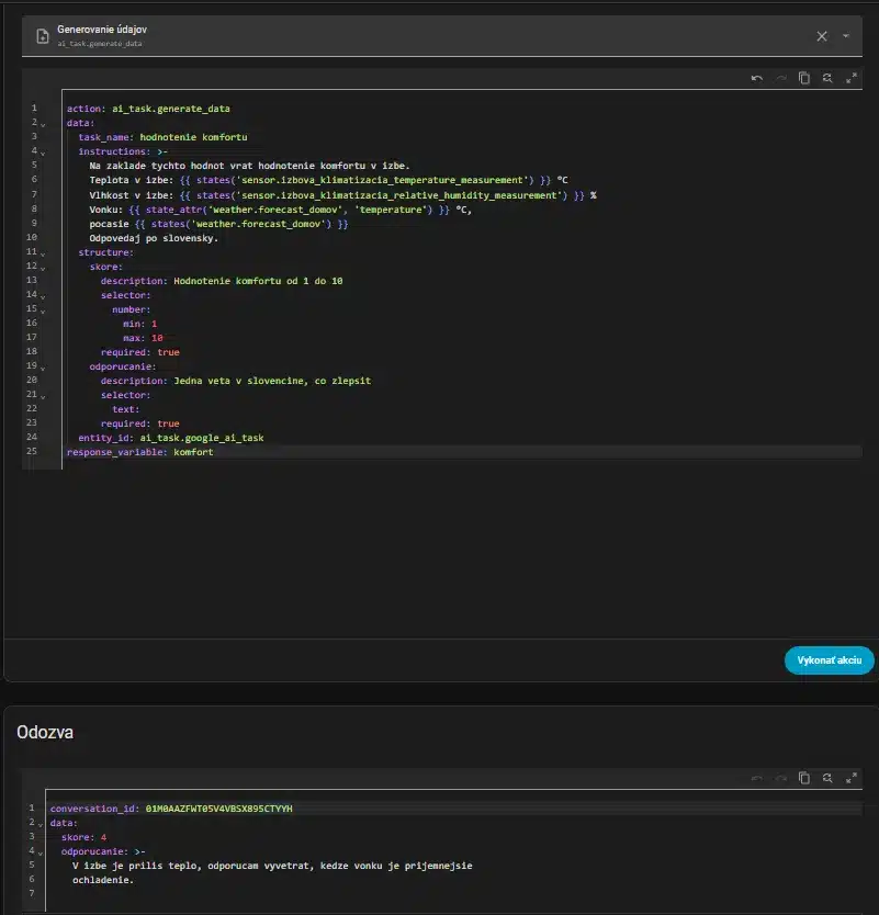 Štruktúrovaný výstup akcie ai_task.generate_data v nástrojoch pre vývojárov