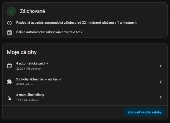Zoznam záloh v nastaveniach Home Assistanta